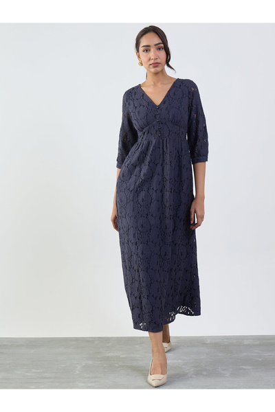 Femmella By Styli Navy Blue Self-Design Lace Fit and Flare Maxi Dress with 3/...