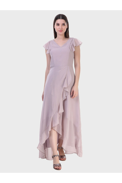 HOUSE OF RAELI By Styli فستان ماكسي بنفسجي بقصة ضيقة وواسعة مع أكمام مكشكشة