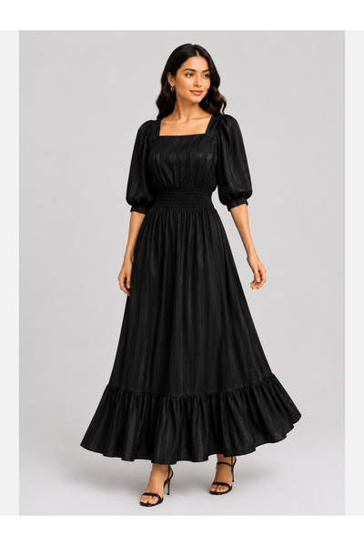 HOUSE OF RAELI By Styli فستان ماكسي أسود بقصة A-Line مع رقبة مربعة وأكمام منف...