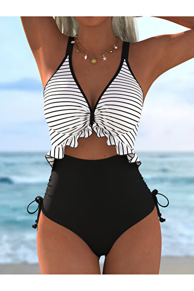 Take Two By Styli Striped Ruffle V-Neck High-Cut One-Piece Swimsuit