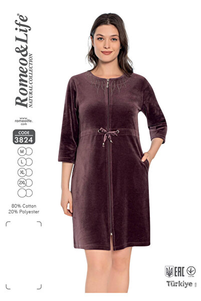 ROMEO LİFE Women's Cotton Velvet Zipper Winter Dress / Brown 3824
