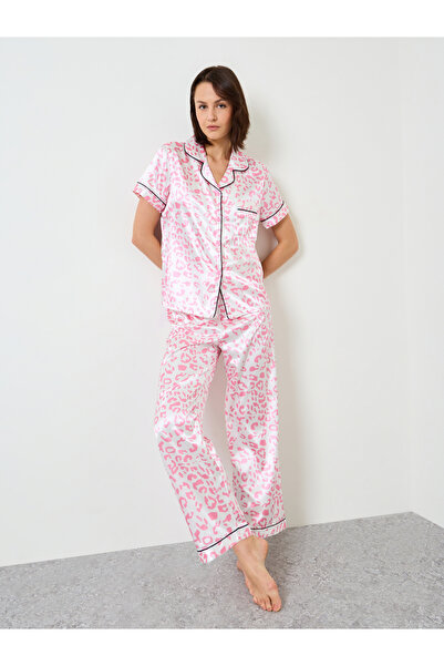 Take Two By Styli Pink Leopard Print Satin Pajama Set with Short Sleeve Shirt...