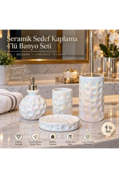 Atak Hediyelik Seramik Kaplama 4’lü Tuvalet Fırçalı Banyo Seti – İnci Efektli