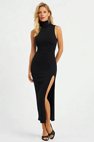 Cool & Sexy Black Turtleneck Midi Dress with Slit Detail