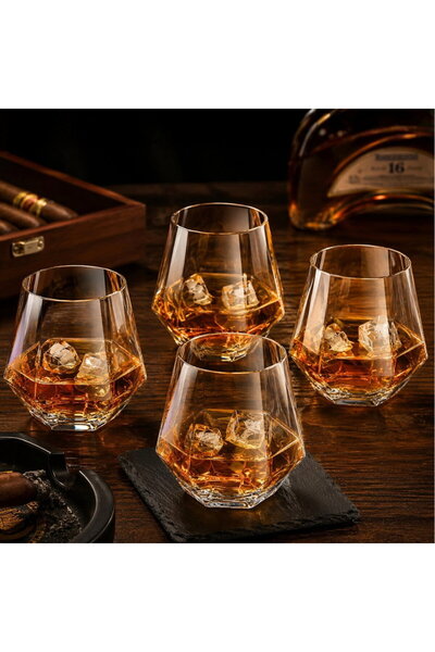OEM Set de 4 pahare de whisky cu design diamant, 290 ml, sticlă transparentă,...