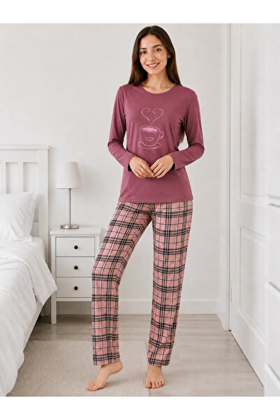 Serena Pijama de Damă cu Imprimeu Căniță și Carouri-Visiniu
