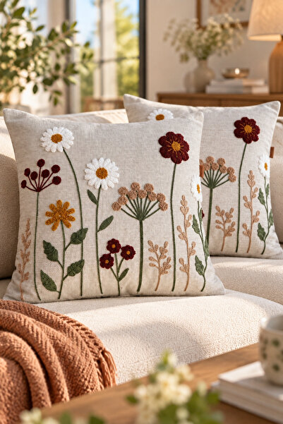 Decomia Home Modern Tufting Punch Nakışlı Keten Karışımlı Kırlent Kılıfı Seti...