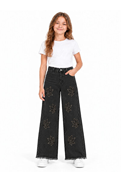 NAWİ 29209-26 Pantaloni din denim largi, cu ciucuri, cu detalii frunze de pia...