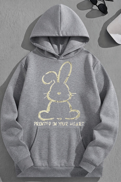 K KOZZ STYLE Unisex 3 Thread Cotton Grey RabbitPrinted Print Loose Fit Φούτερ...