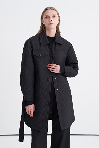 Zühre Belted Patterned Long Black Jacket 0206