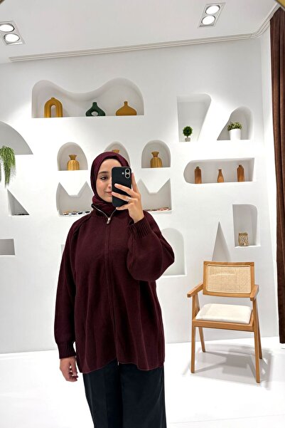 Gülşah collection Ζακέτα πλεκτή με φερμουάρ σε μεγάλο μέγεθος - Δαμασκηνί