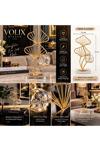 voliX Dizayn Metal Ginkgo Yapraklı Dekoratif Obje Gold – Kristal Cam Küreli Ş...
