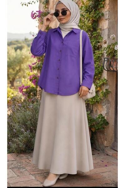 blackbonds Kadın mor oversize Pamuklu Keten Tek Cepli Salaş teseddür gömlek