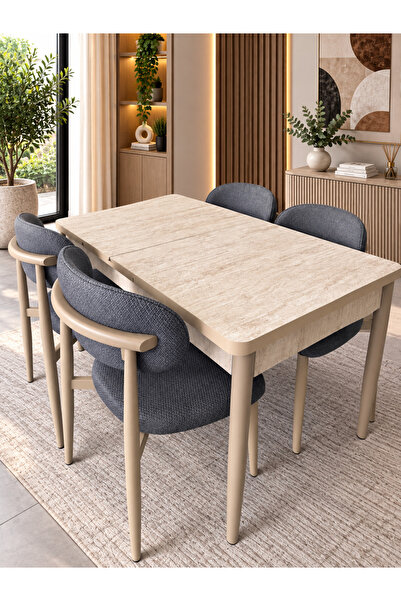 DEREN HOME Calvin Serisi 80x130 Açılabilir Traverten Masa +4 Adet Metal İskel...