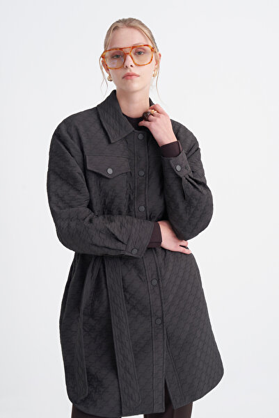 Zühre Belted Patterned Long Khaki Jacket 0206
