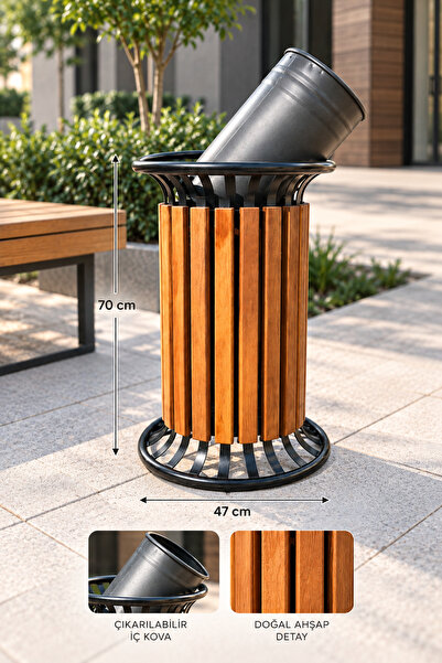 SekoConcept Çemberli Dış Mekan Ahşap Kaplama Metal Çöp Kovası