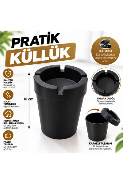 KEA Siyah Kapaklı Plastik Küllük 10 cm – Masaüstü Kül Tablası, Pratik ve Daya...