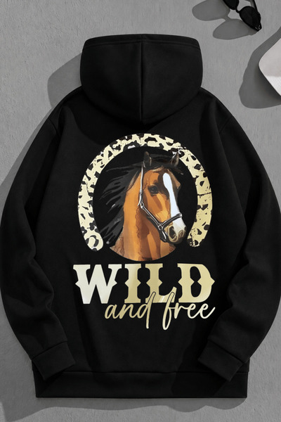 K KOZZ STYLE Unisex 3-κλωνο βαμβακερό μαύρο φούτερ με στάμπα WildAndFree με κ...