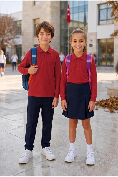 WAYNAP 3’lü Uzun Kol Okul Tişörtü Pamuklu Lakos Bordo 6-7-8-9-10-11-12-13 Yaş