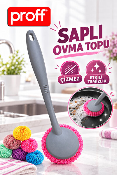 Proff Saplı Ovma Topu - Çizmez Renkli Bulaşık Süngeri Tencere Tava Fırçası
