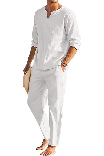 COOFANDY Men's 2 Pieces Cotton Linen Set Henley Shirt Long Sleeve and Casual ...