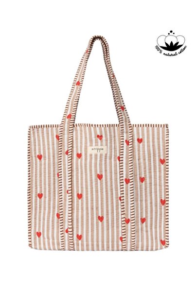 Strippe Kalp Desenli BejPamuklu Kumaş Günlük Omuz Çantası - Tote Bag