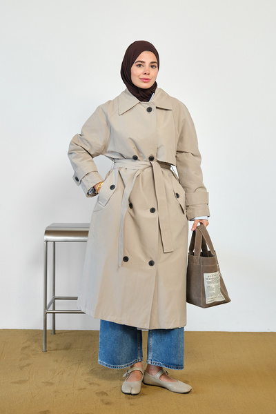 LOCCO Women's Shirt Collar Cape Lined Midi Length Trench Coat Stone