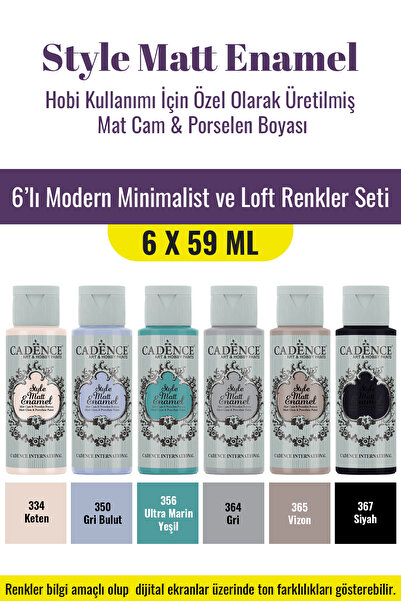 Cadence Boya 6X59ML Enamel Mat Cam Porselen Boyası - Modern Minimalist ve Loft Renkler Seti