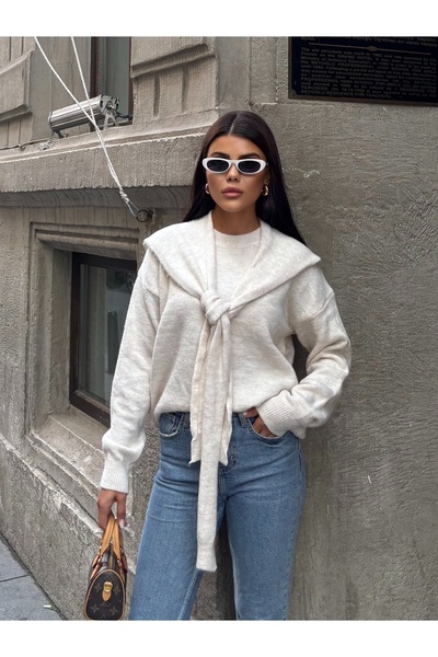 MODAMERSİ Women's Cream Collar Tie-Detail Knitwear Sweater