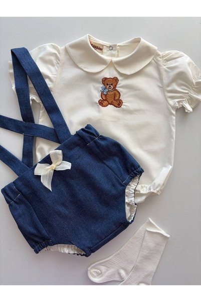 il mio bambino Handmade 100% Cotton Sweet Teddy Bear Embroidered Denim Fabric...