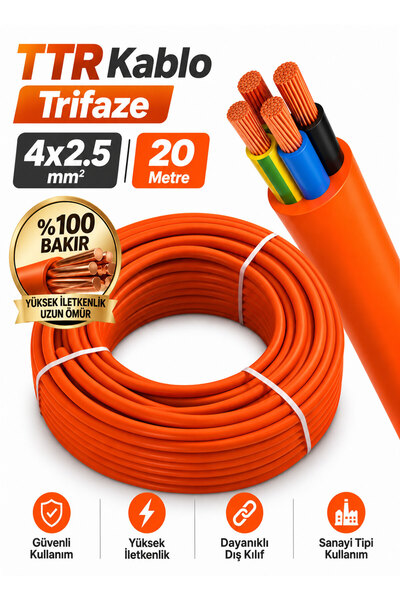 Badem10 TTR Kablo 4x2,5 %100 Bakır 20 Metre Turuncu Trifaze Sanayi Tipi Dayan...