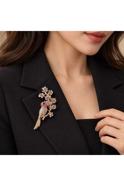 Mutkin Pembe ve Şeffaf Taşlı Kuş Dal Çiçek Broş Kadın Yaka İğnesi 5x4 cm