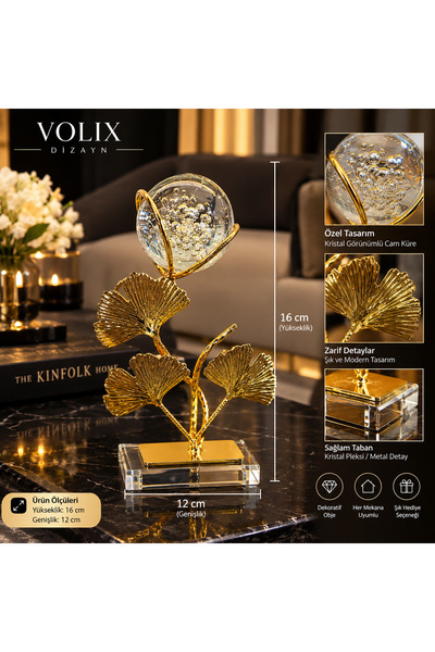 voliX Dizayn Ginkgo Yapraklı Gold Dekoratif Obje Cam Küreli Şık Ev ve Ofis De...