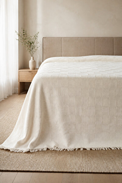 LUNGA VİTA %100 Pamuk Dokuma Pike Çift Kişilik 200x230 Dama Desenli Saçaklı P...