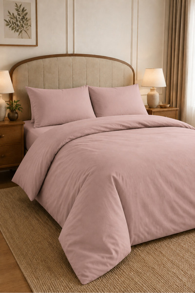 Karden Flower Plain Aura Powder 100% Cotton Poplin Double Duvet Cover Set
