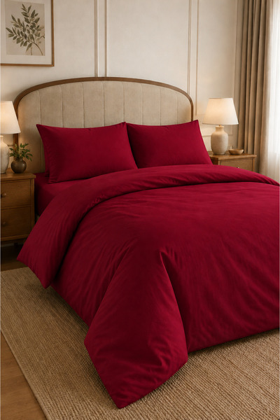 Karden Flower Plain Aura Red 100% Cotton Poplin Double Duvet Cover Set