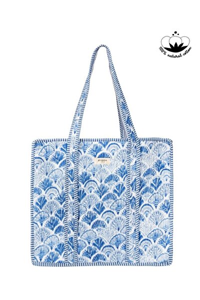 Strippe Pamuklu Kumaş Fermuarlı Günlük Omuz Çantası - Tote Bag