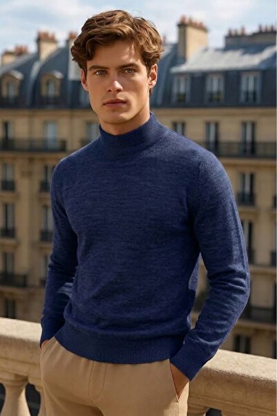 COMBİNE MİCHAİL Men's Casual Daily Basic Navy Blue Sweater