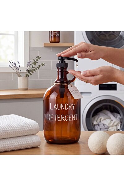 ARVALE Laundry Detergent Yazılı Cam 2000 ml Deterjan Kutusu, Çamaşır Odası ve...