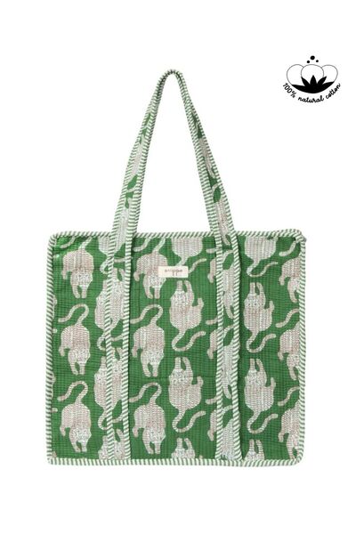 Strippe Pamuklu Kumaş Fermuarlı Kaplan Desen Günlük Omuz Çantası - Tote Bag