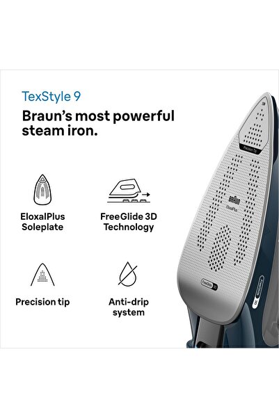 Braun مكواة بخار تكس ستايل 9، 3200 واط، تقنية فري جلايد ثلاثية الأبعاد، قاعدة إلكسال بلس، إيقاف تلقائي، خزان 330 مل، SI9682DB، أسود