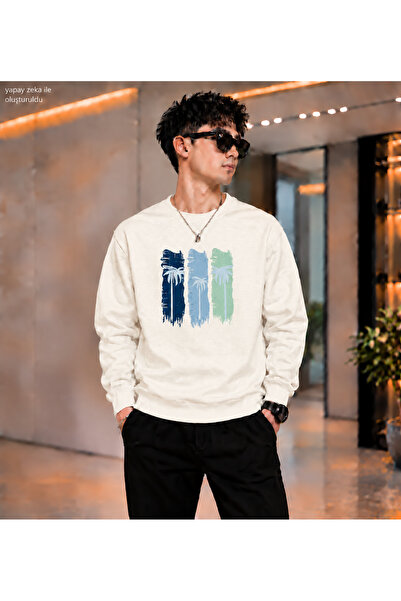caddekombin Men's Palm Silhouette Brushstroke Printed Crew Neck Casual Regula...