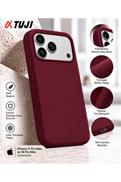 iPhone 17 Pro Max - 18 Pro Max Uyumlu 1. Kalite Silikon Kılıf – Kamera Korumalı Yumuşak Dokulu Darbe Emici Telefon Kılıfı, Koyu Vişne
