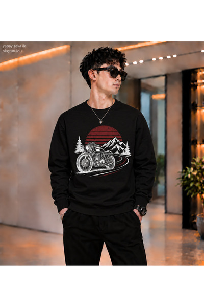 caddekombin Men's Retro Motorcycle and Mountain Themed Printed Crew Neck Casu...