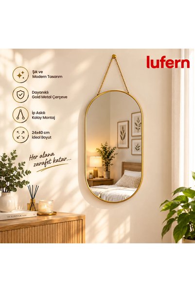Lufern Özel Tasarım Dekoratif Duvar Aynası Gold Metal Çerçeveli İp Askılı 24x...