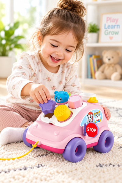 Toy Factory Obero Hop The Bear Bus Shape Sorter Pull-Along Toy for Kids – Edu...
