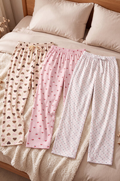 Pijahane Battal Beden 3'lü Paket Pijama Altı Büyük Beden Kalp Desenli Rahat K...