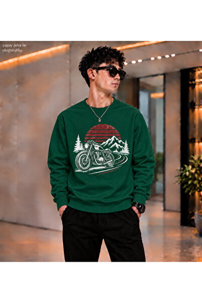 caddekombin Men's Retro Motorcycle and Mountain Themed Printed Crew Neck Casu...