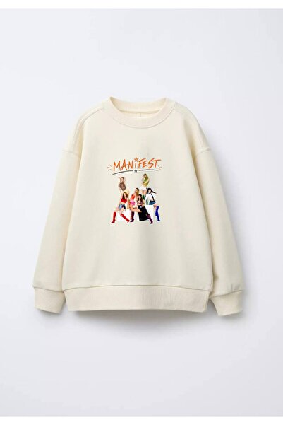 Genel Markalar Manifest baskılı krem renk kız çocuk şardonsuz sweatshirt