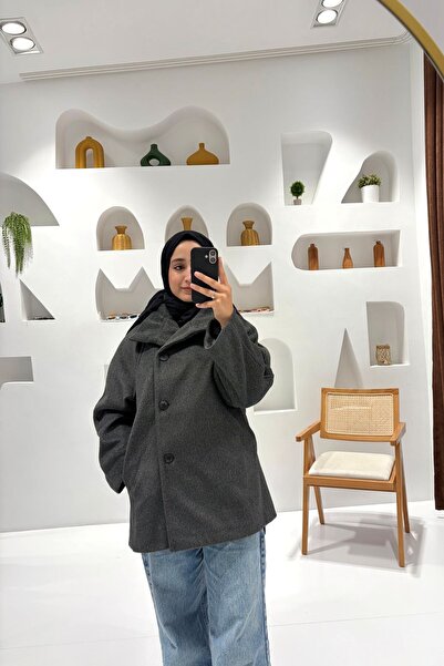 Gülşah collection 7709 معطف ذو ياقة عالية وصدرية مزدوجة - أنثراسايت